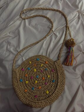 Handwoven Round Straw Crossbody Bag with Colorful Tassels - Natural